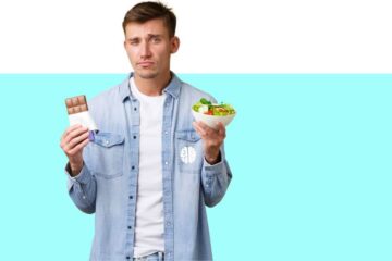 homem com aparência de dúvida entre um chocolate ou um alimento saudável ilustrando o que faz o especialista do comportamento alimentar